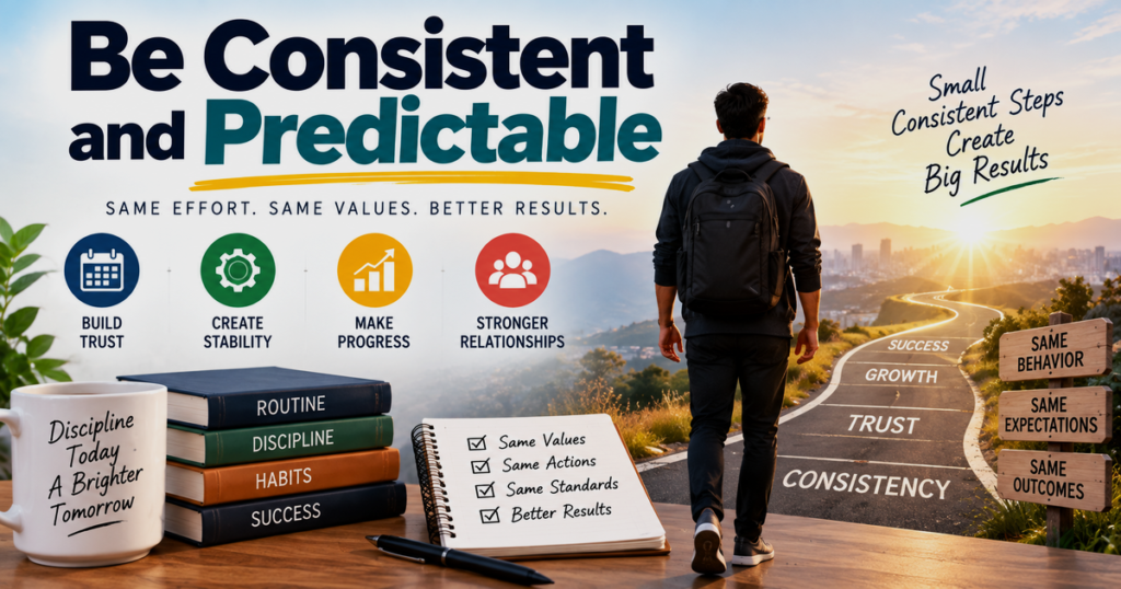 Be Consistent and Predictable — a person walking toward success, symbolizing discipline, trust, stability, and steady progress.