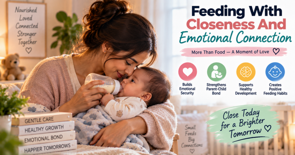 A mother gently feeding her baby while maintaining close eye contact and emotional connection.
