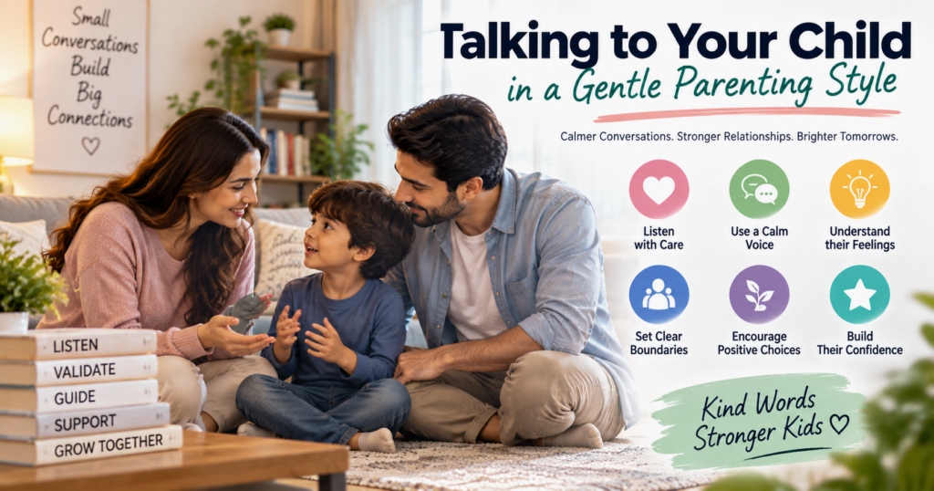 Parents calmly talking with their child using gentle parenting, active listening, empathy, and positive communication