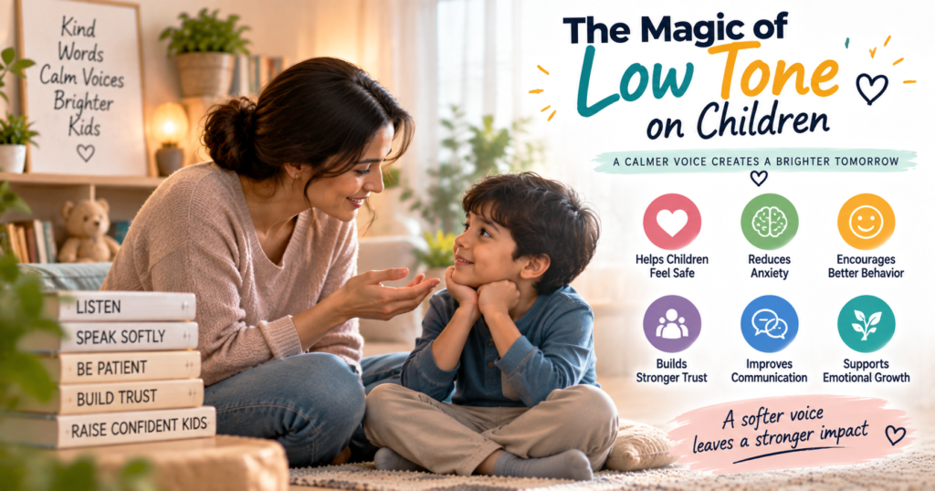 Parents using a calm, gentle tone while talking with their child in a warm home setting.