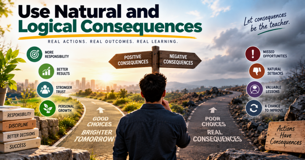 A person choosing between positive and negative paths, illustrating how actions lead to natural and logical consequences.