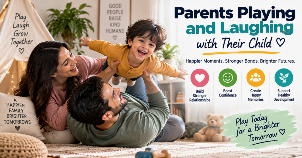 Parents happily playing and laughing with their child at home, creating joyful family moments and stronger emotional bonds.