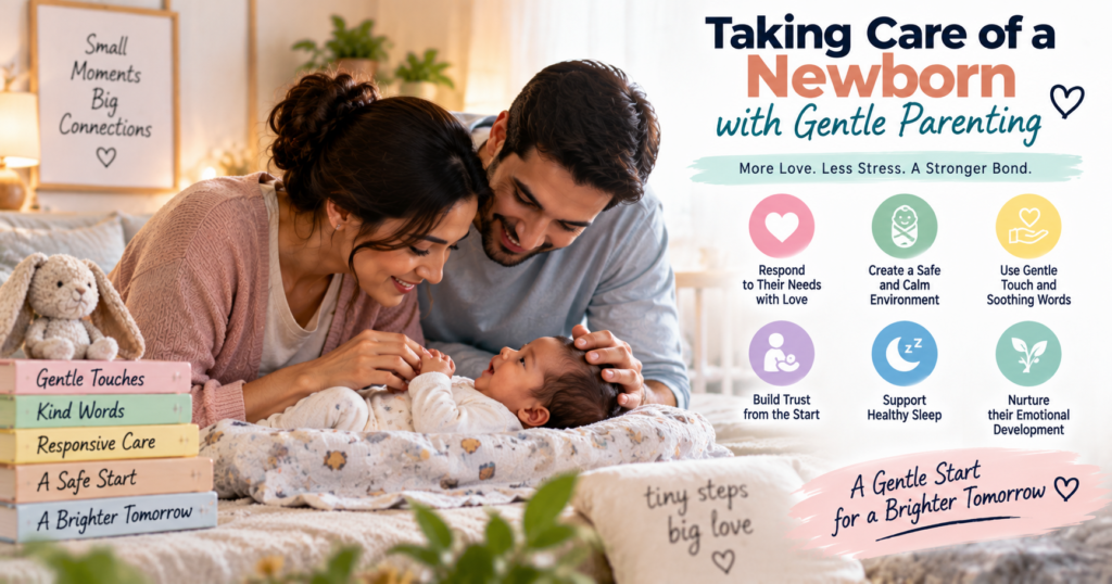 Parents gently caring for their newborn with love, responsive care, and a calm, nurturing approach.