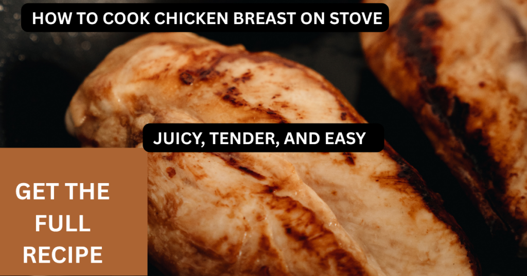 Stovetop chicken breast cooked to perfection in a skillet with spices and herbs