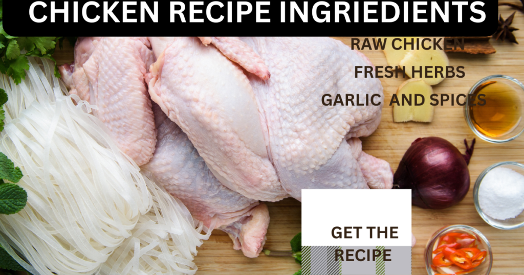 Ingredients for easy chicken breast recipe including raw chicken, fresh herbs, garlic and spices
