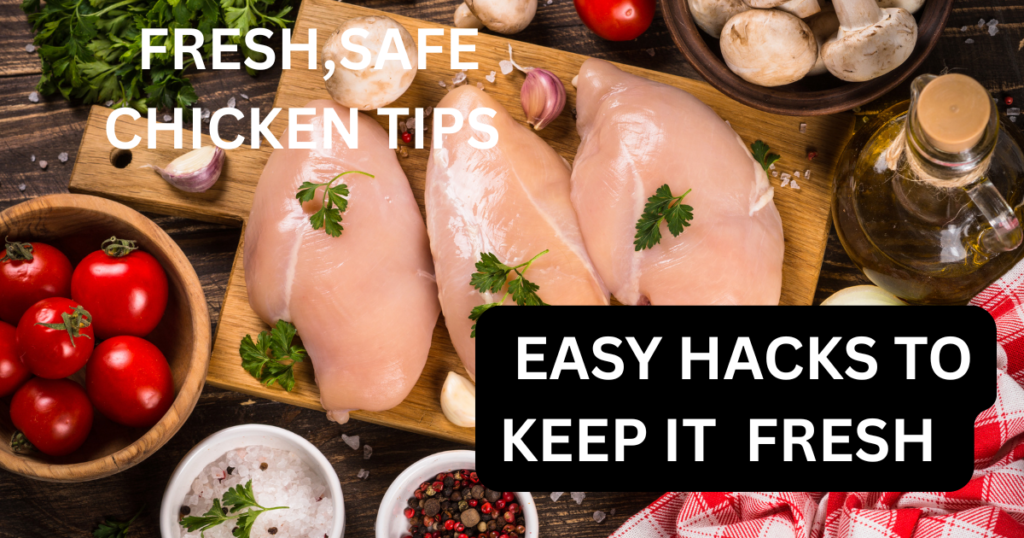 Fresh raw chicken breasts on a cutting board with herbs and safety storage tips